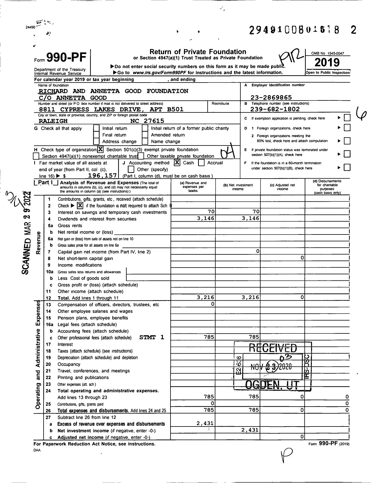 Image of first page of 2019 Form 990PF for Richard and Annetta Good Foundation
