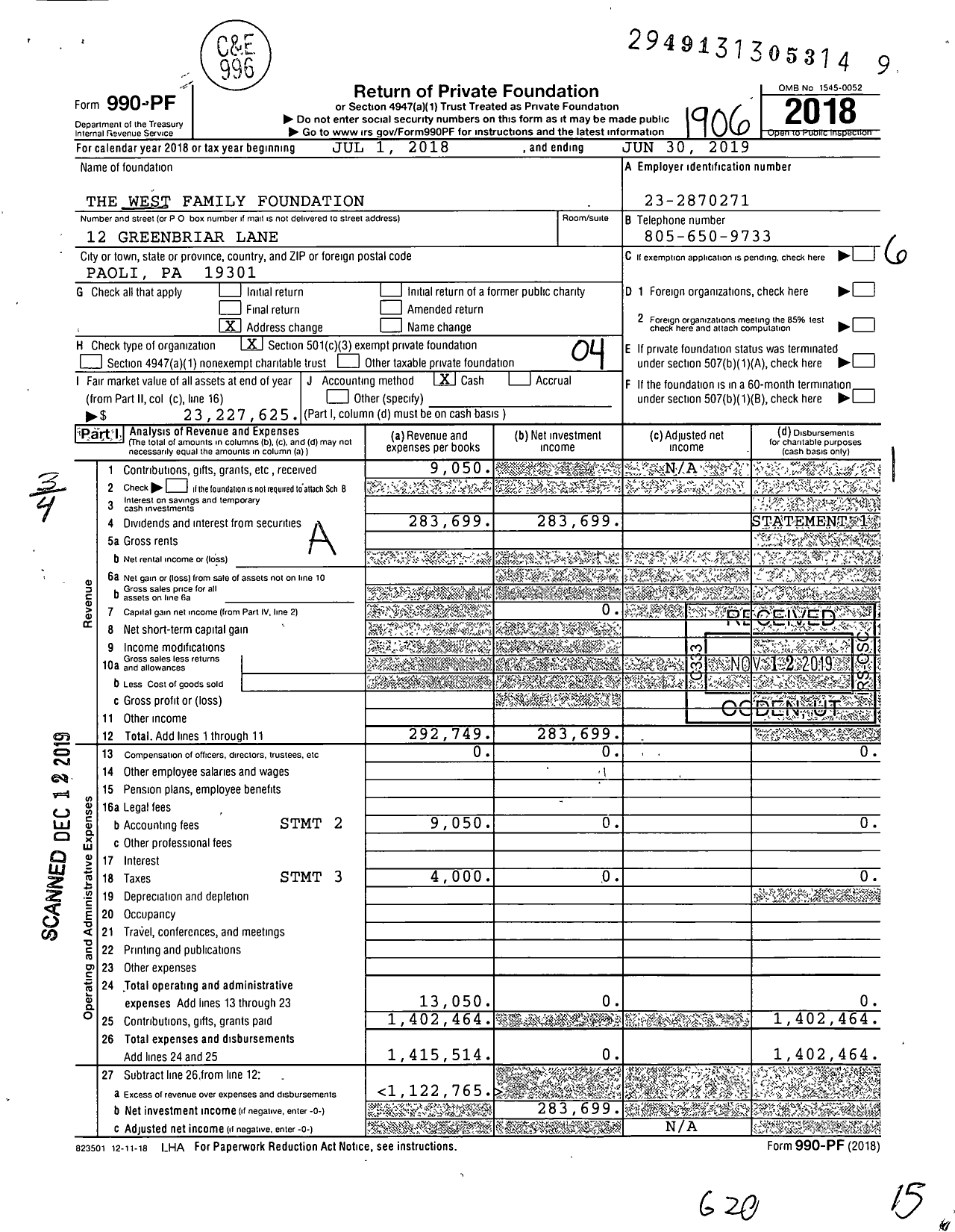 Image of first page of 2018 Form 990PF for The West Family Foundation