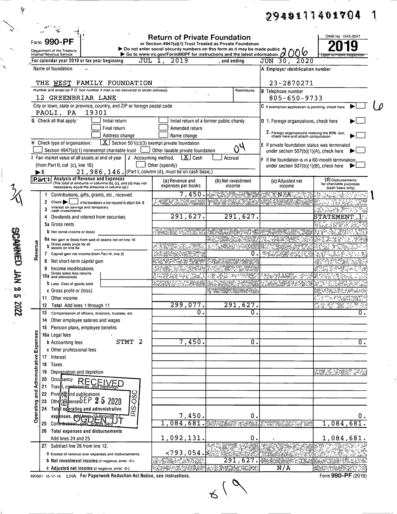 Image of first page of 2019 Form 990PF for The West Family Foundation