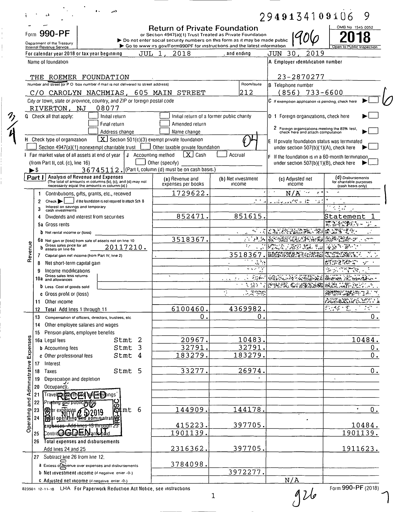 Image of first page of 2018 Form 990PF for The Roemer Foundation