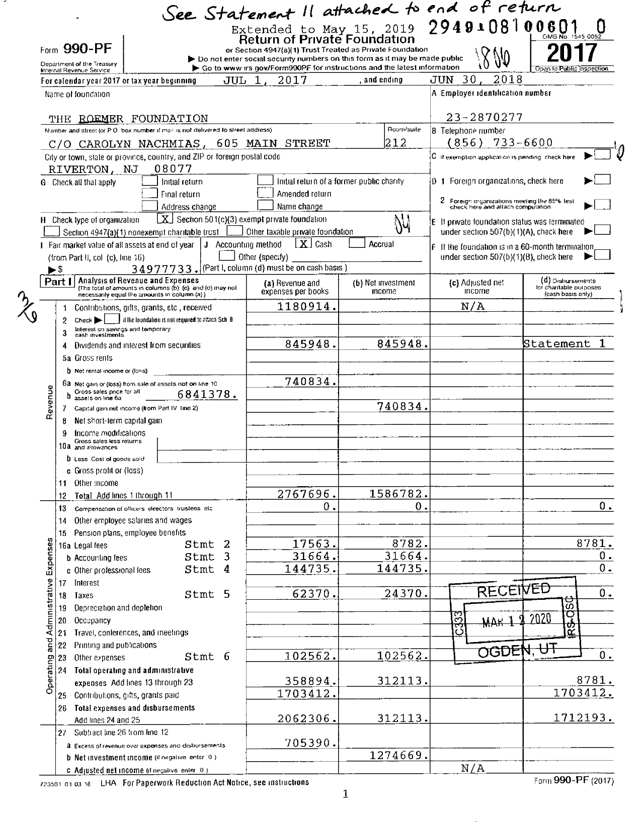 Image of first page of 2017 Form 990PR for The Roemer Foundation