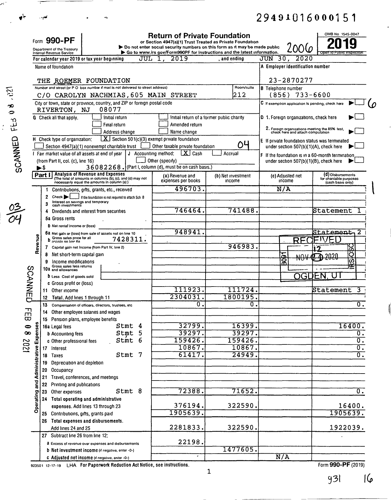 Image of first page of 2019 Form 990PF for The Roemer Foundation