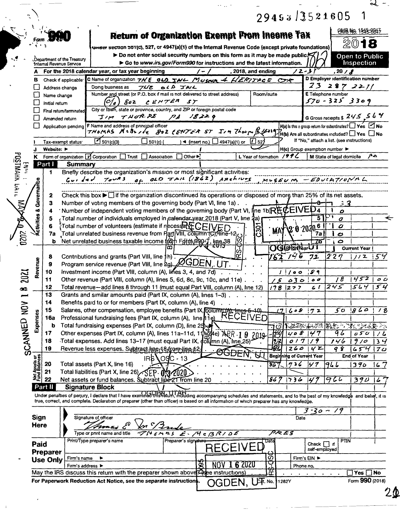 Image of first page of 2018 Form 990 for Old Jail Museum and Heritage Center