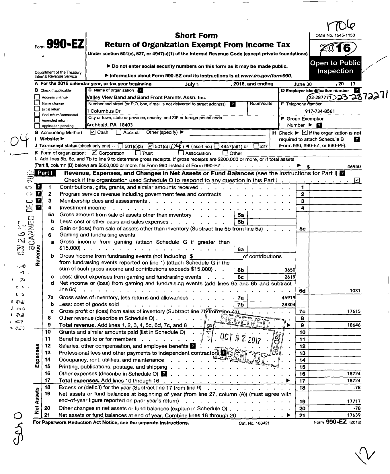 Image of first page of 2016 Form 990EO for Valley View Band and Band Front Parents Association