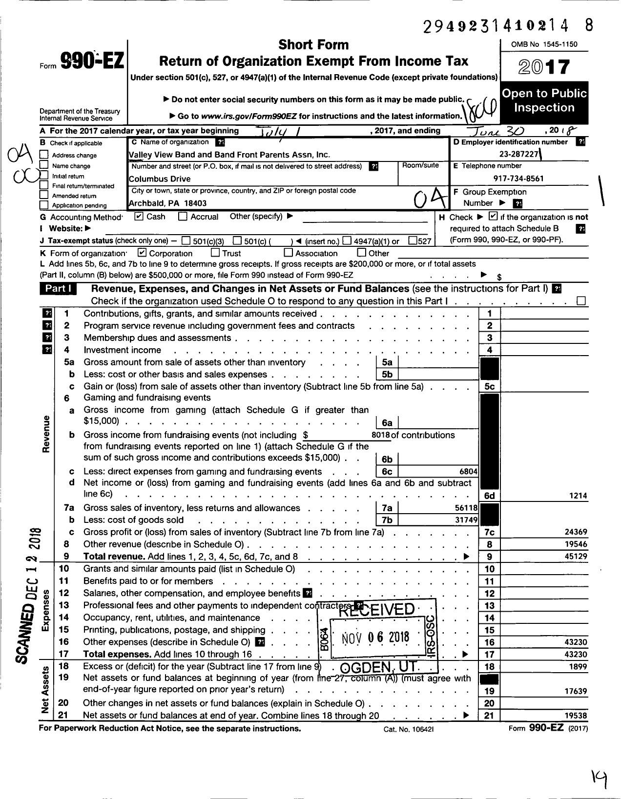 Image of first page of 2017 Form 990EO for Valley View Band and Band Front Parents Association