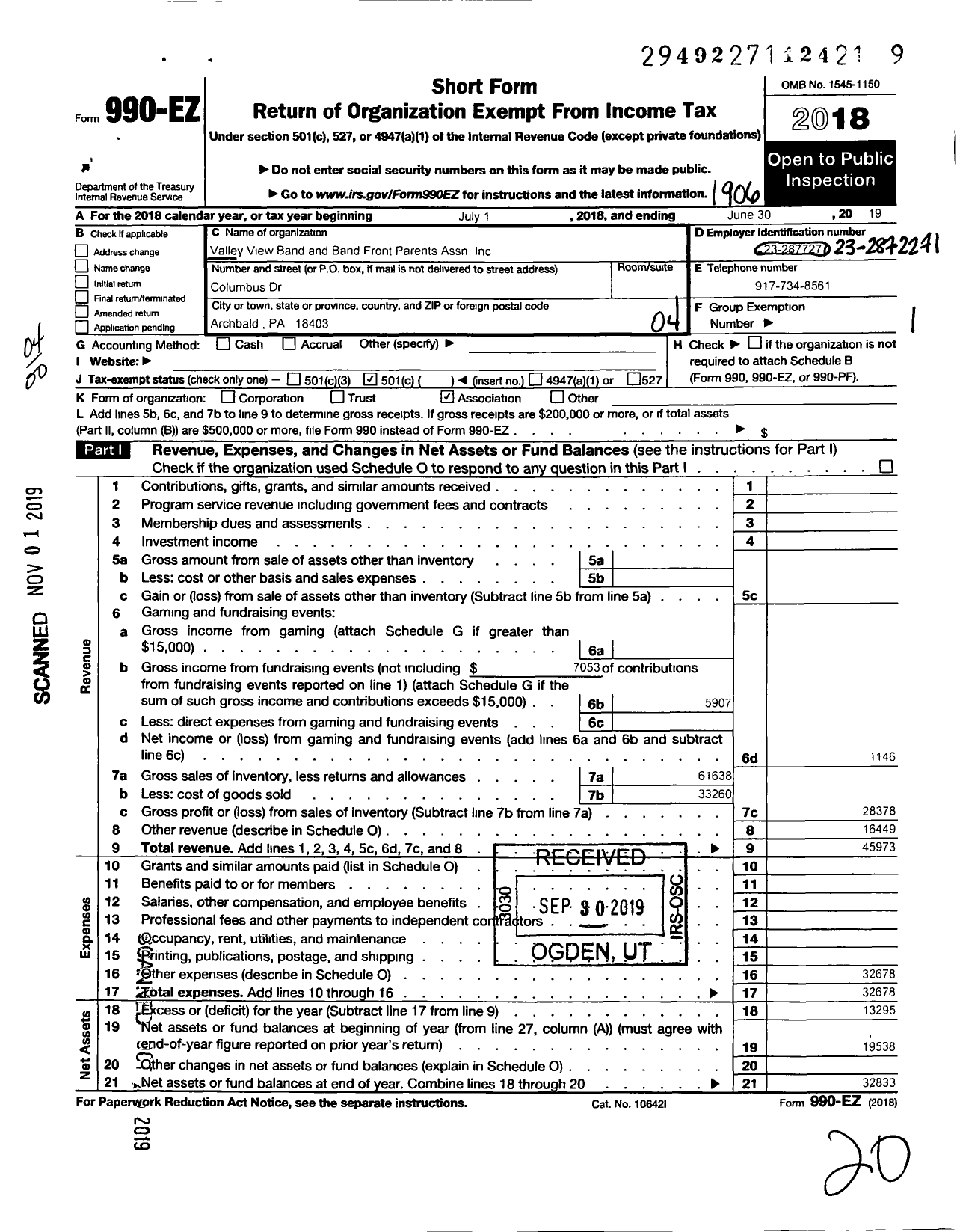 Image of first page of 2018 Form 990EO for Valley View Band and Band Front Parents Association