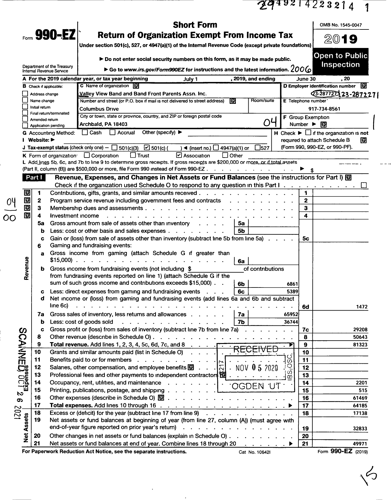 Image of first page of 2019 Form 990EO for Valley View Band and Band Front Parents Association