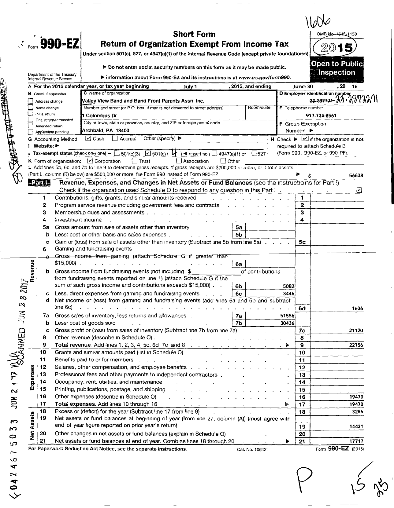 Image of first page of 2015 Form 990EO for Valley View Band and Band Front Parents Association