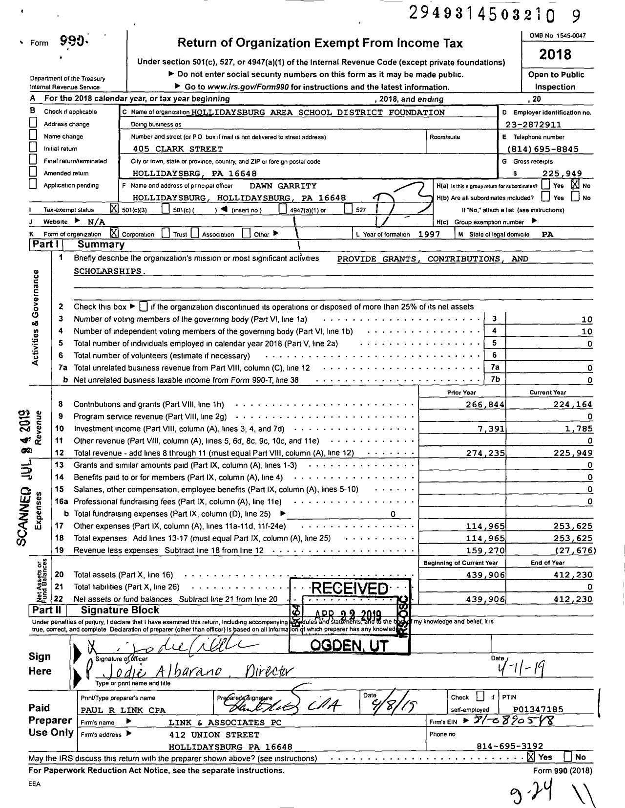 Image of first page of 2018 Form 990 for Hollidaysburg Area School District Foundation