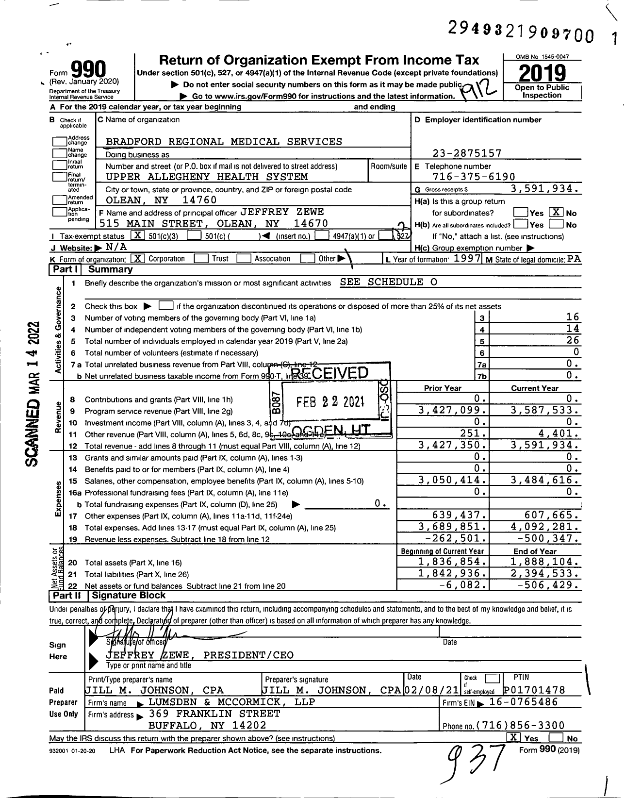 Image of first page of 2019 Form 990 for Bradford Regional Medical Services