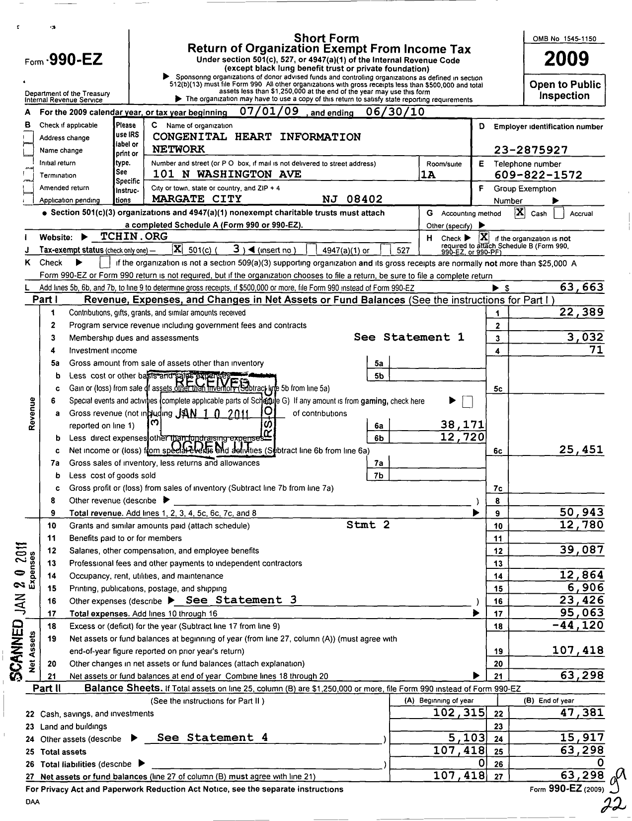 Image of first page of 2009 Form 990EZ for Congenital Heart Information Network