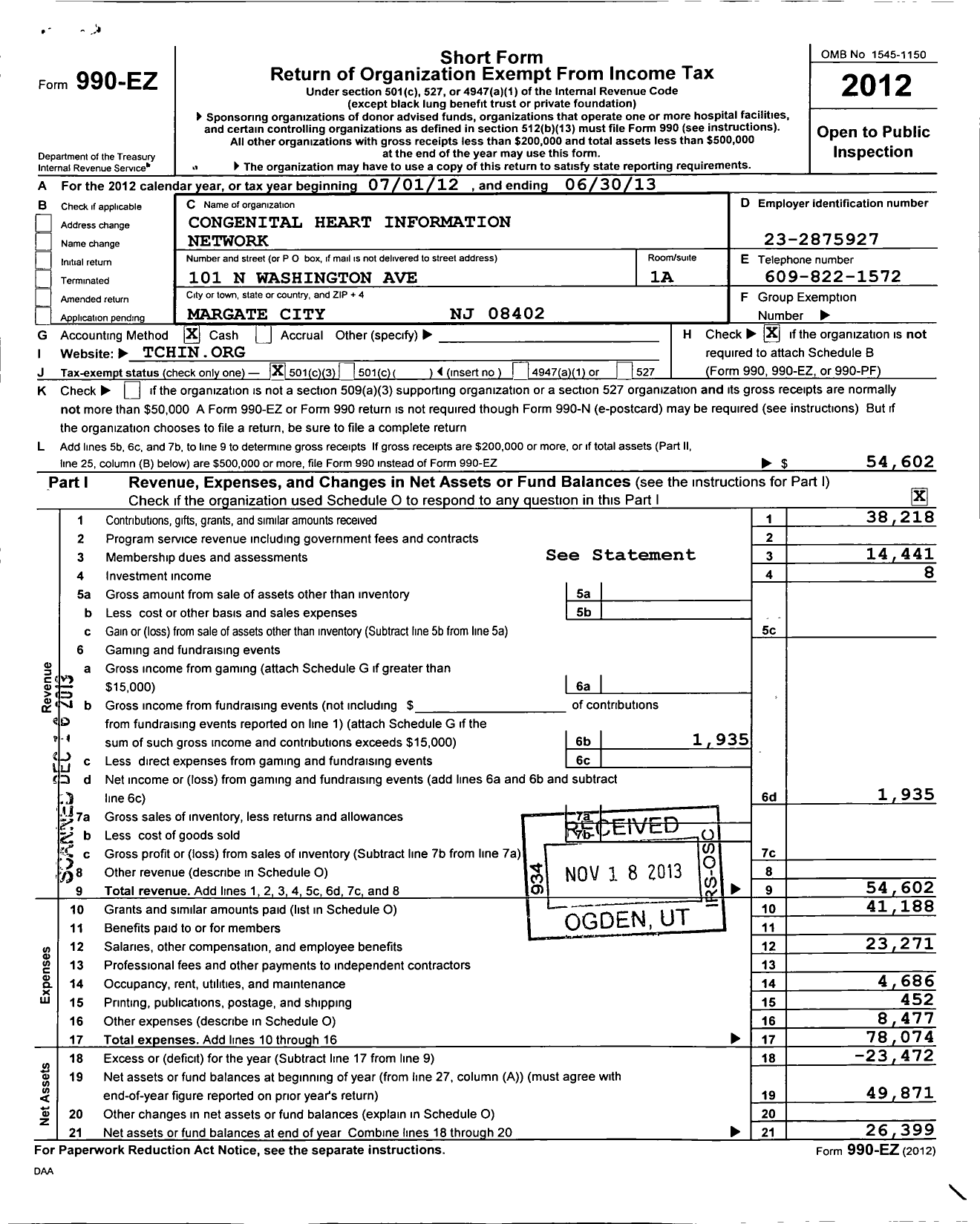 Image of first page of 2012 Form 990EZ for Congenital Heart Information Network