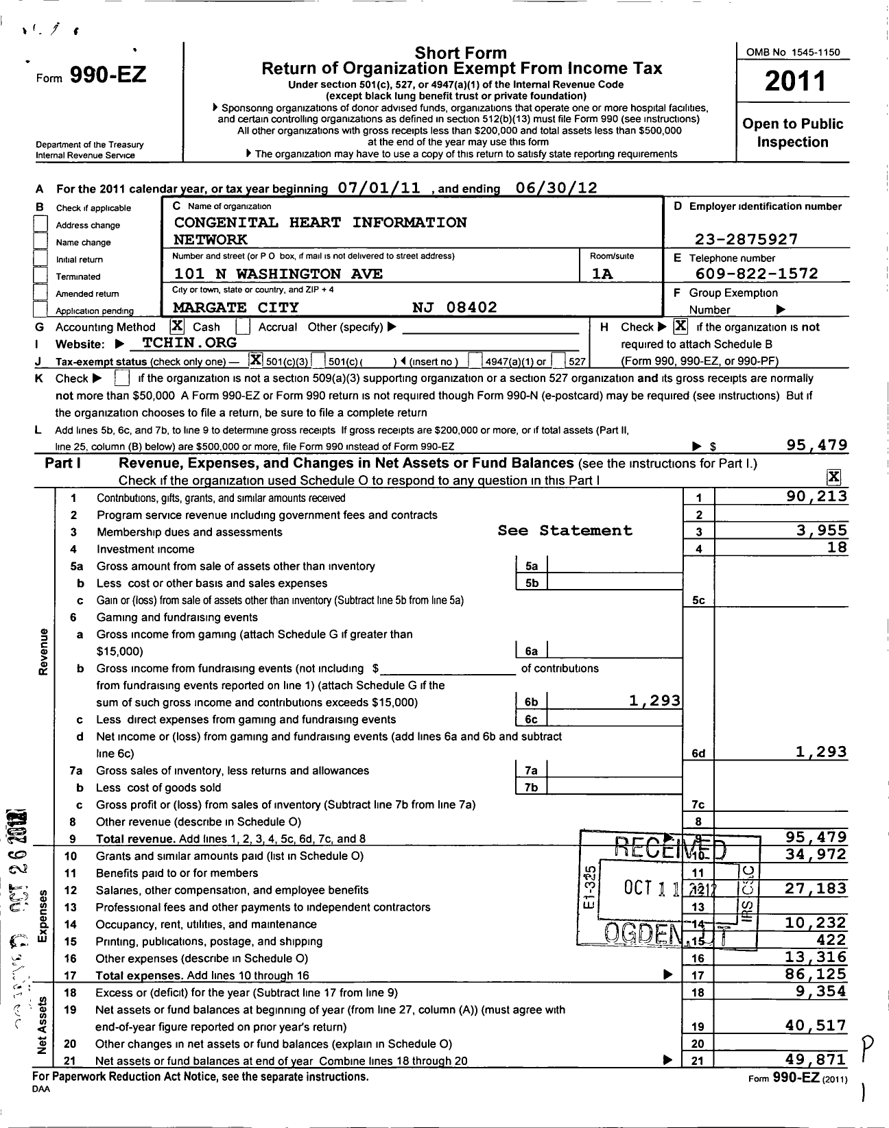 Image of first page of 2011 Form 990EZ for Congenital Heart Information Network