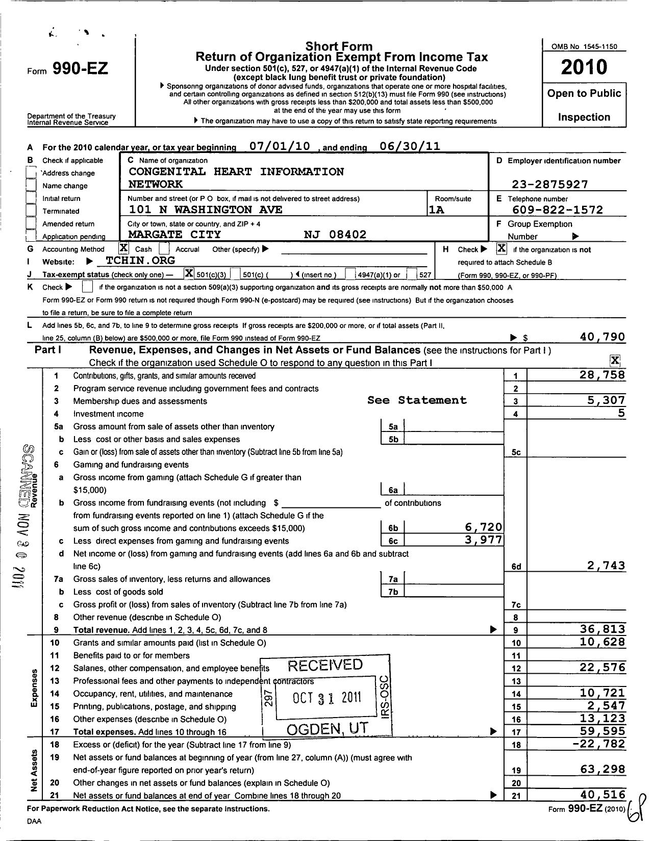 Image of first page of 2010 Form 990EZ for Congenital Heart Information Network