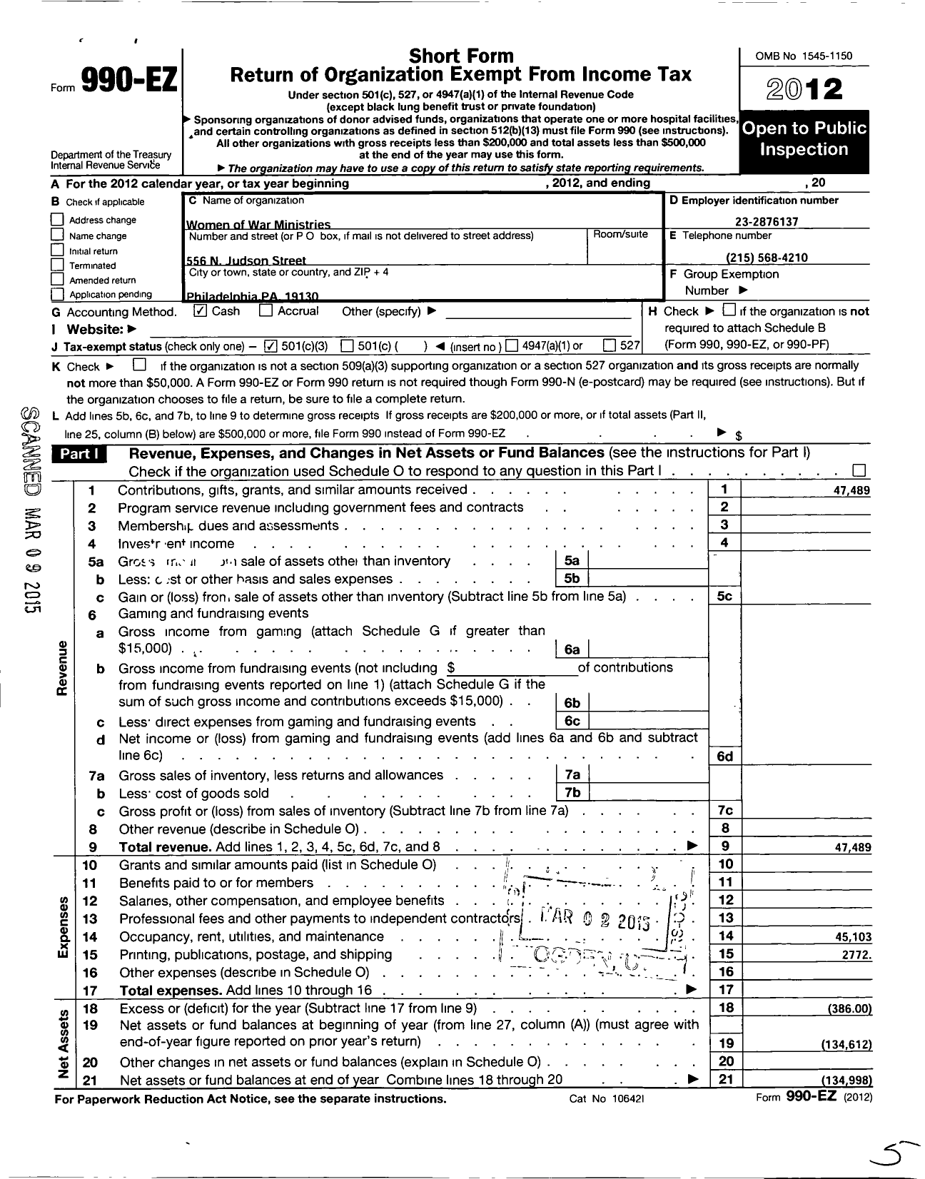 Image of first page of 2012 Form 990EZ for Women of War