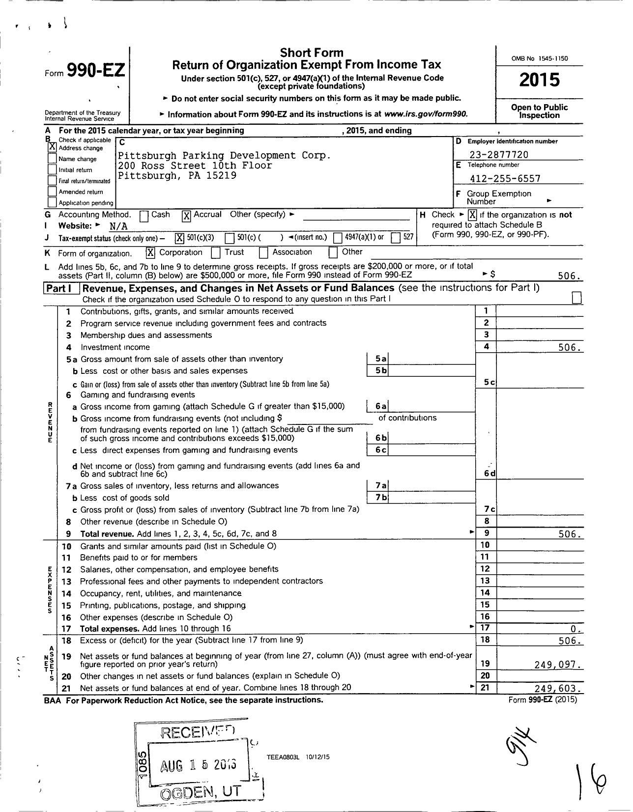 Image of first page of 2015 Form 990EZ for Pittsburgh Parking Development Corporation