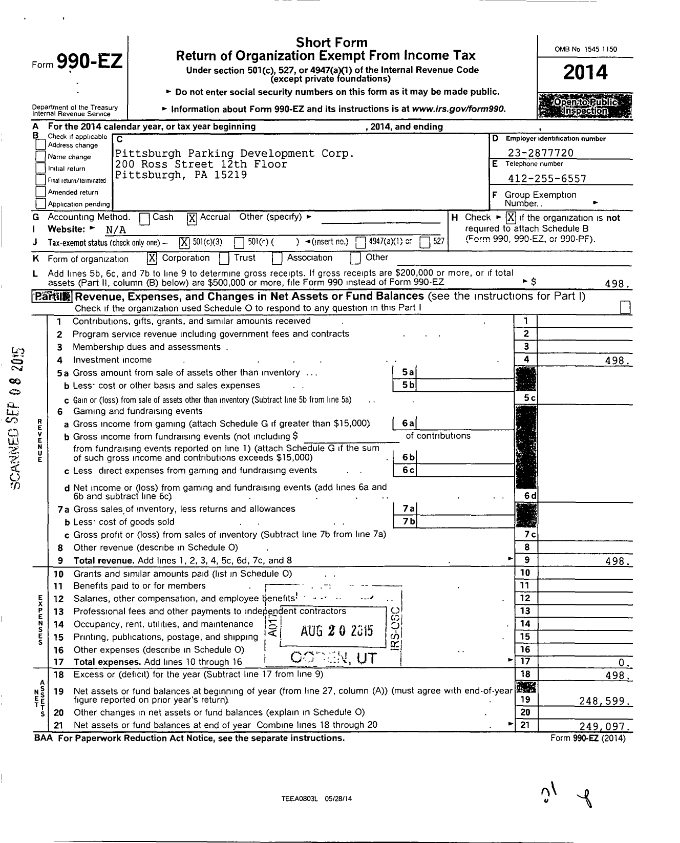 Image of first page of 2014 Form 990EZ for Pittsburgh Parking Development Corporation