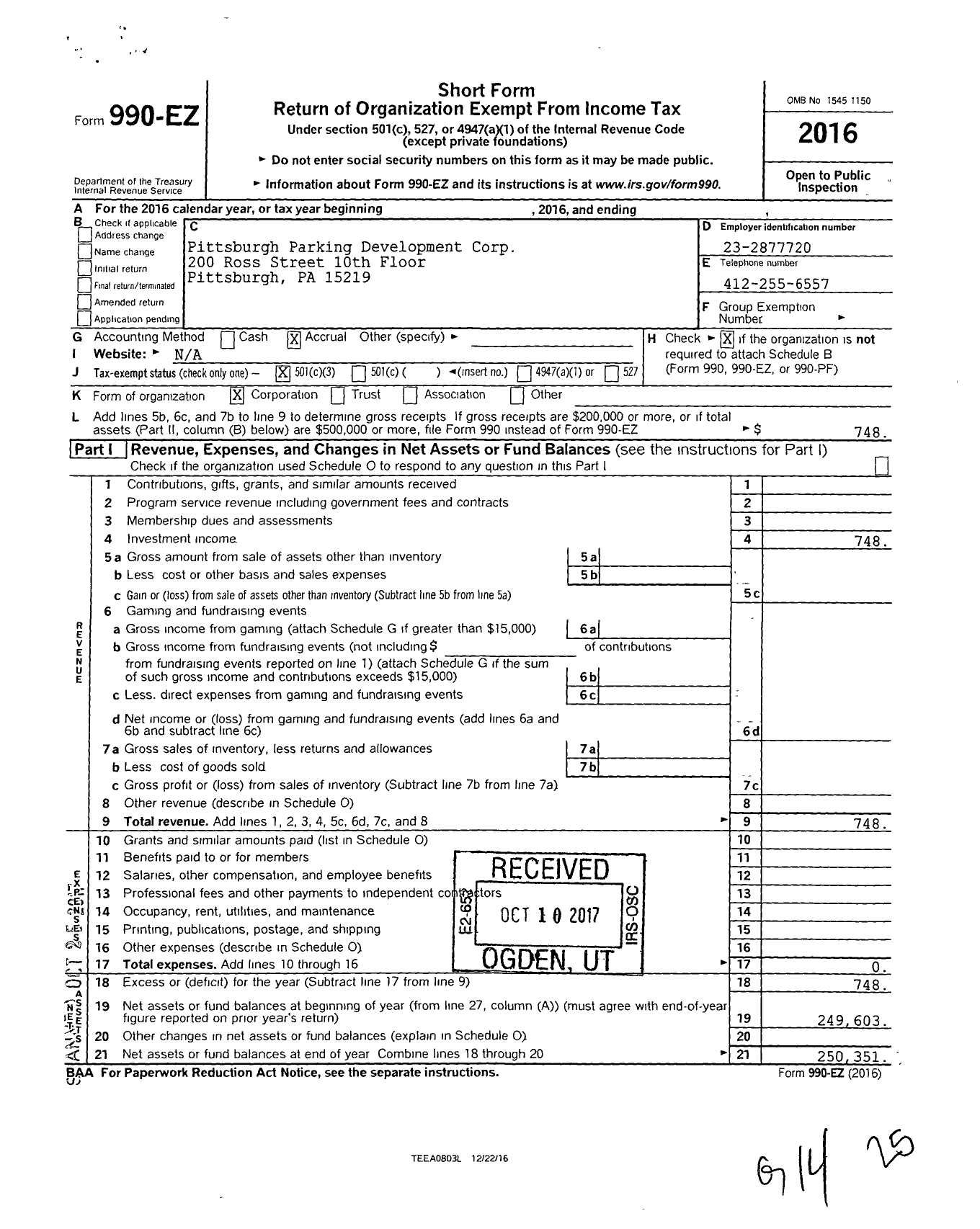 Image of first page of 2016 Form 990EZ for Pittsburgh Parking Development Corporation