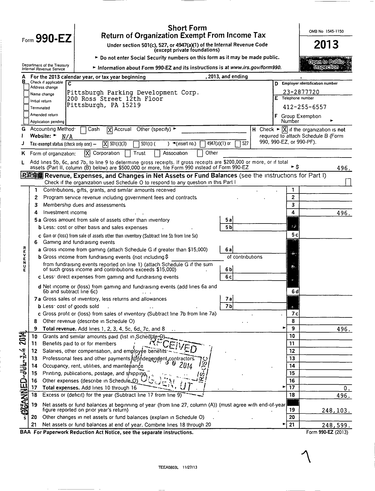 Image of first page of 2013 Form 990EZ for Pittsburgh Parking Development Corporation