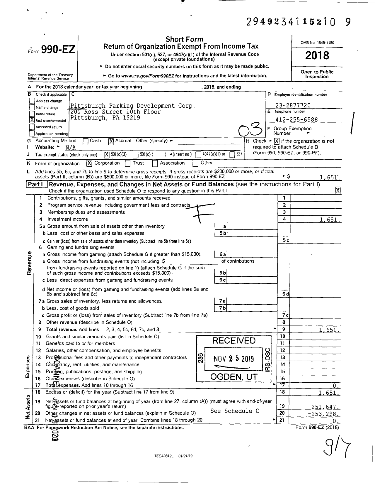 Image of first page of 2018 Form 990EZ for Pittsburgh Parking Development Corporation