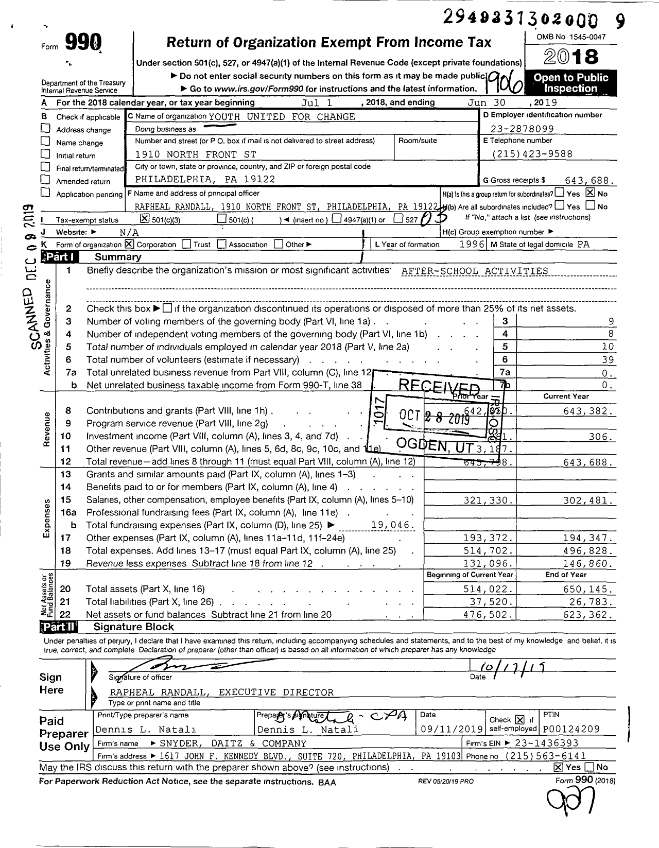 Image of first page of 2018 Form 990 for Youth United for Change