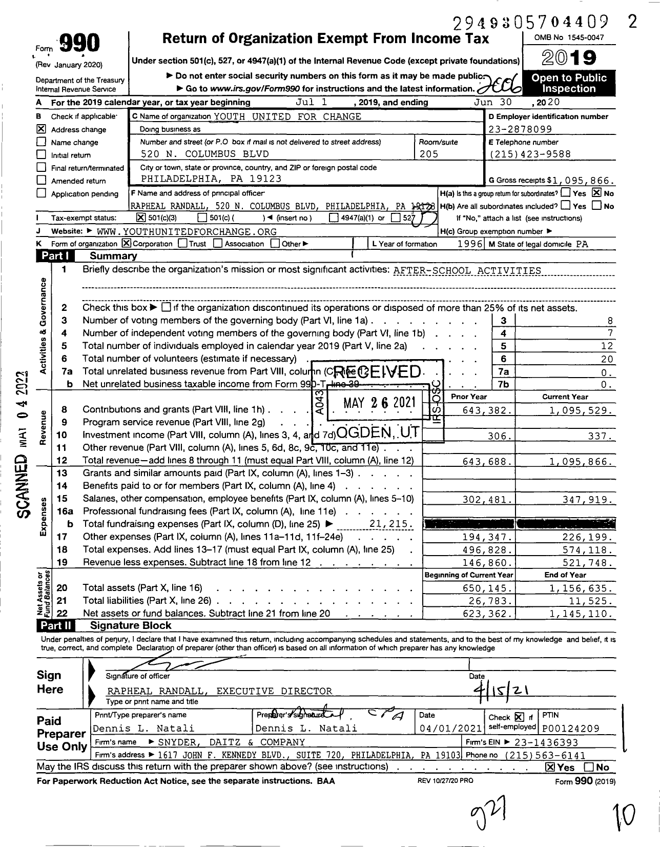 Image of first page of 2019 Form 990 for Youth United for Change