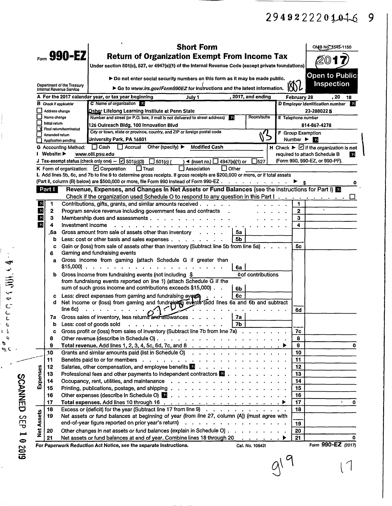 Image of first page of 2016 Form 990EZ for Osher Lifelong Learning Institute at Penn State