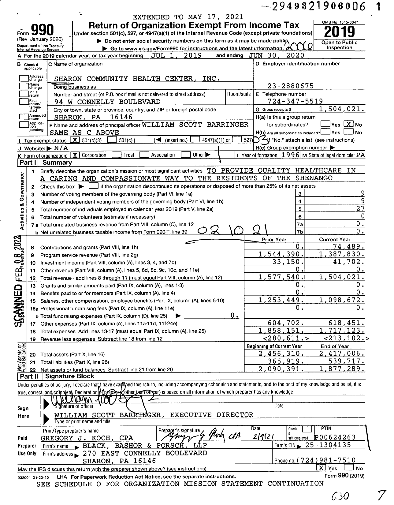 Image of first page of 2019 Form 990 for Sharon Community Health Center