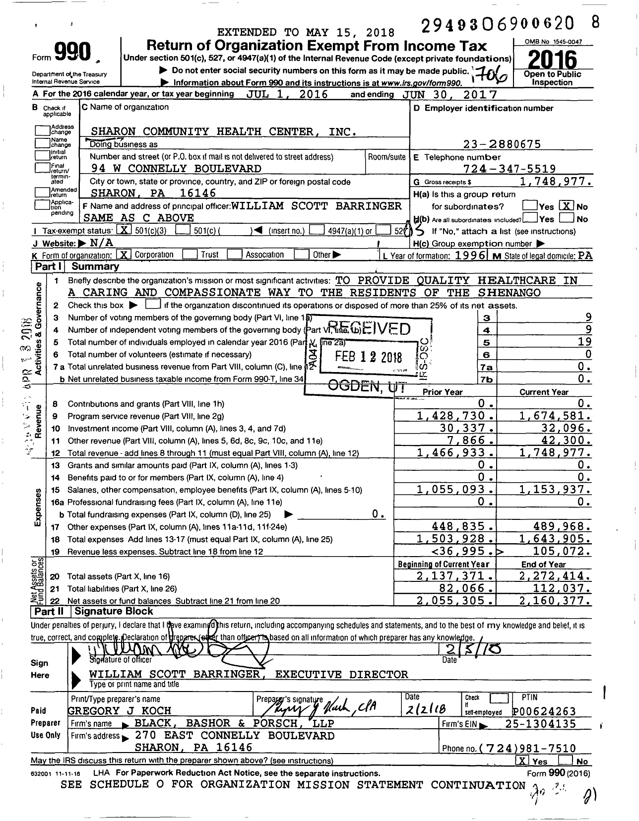 Image of first page of 2016 Form 990 for Sharon Community Health Center