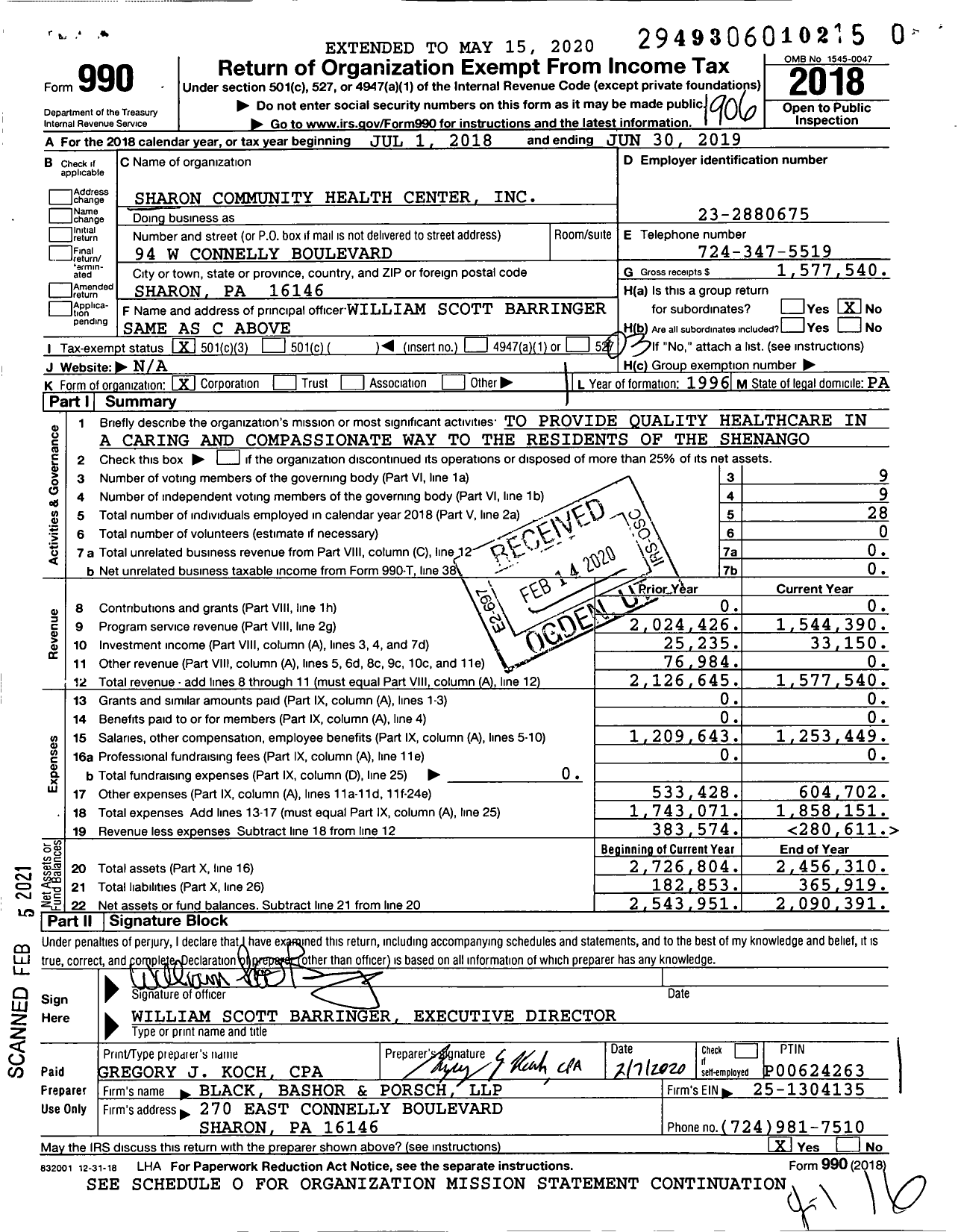 Image of first page of 2018 Form 990 for Sharon Community Health Center