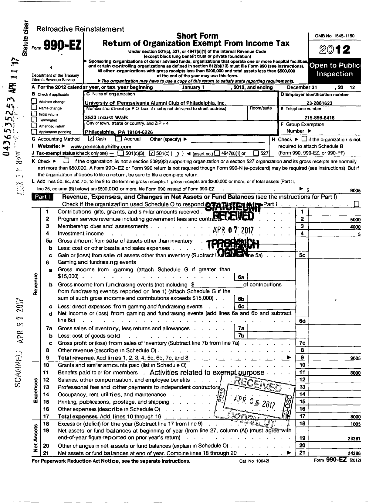 Image of first page of 2012 Form 990EO for University of Pennsylvania Alumni Club of Philadelphia