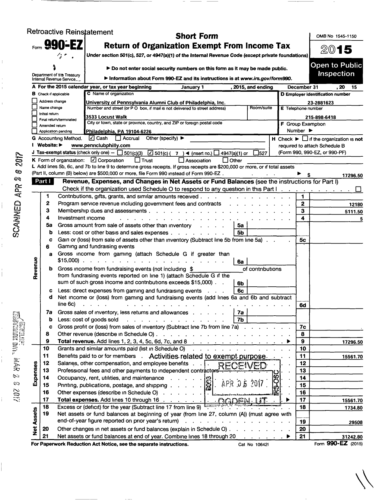 Image of first page of 2015 Form 990EO for University of Pennsylvania Alumni Club of Philadelphia