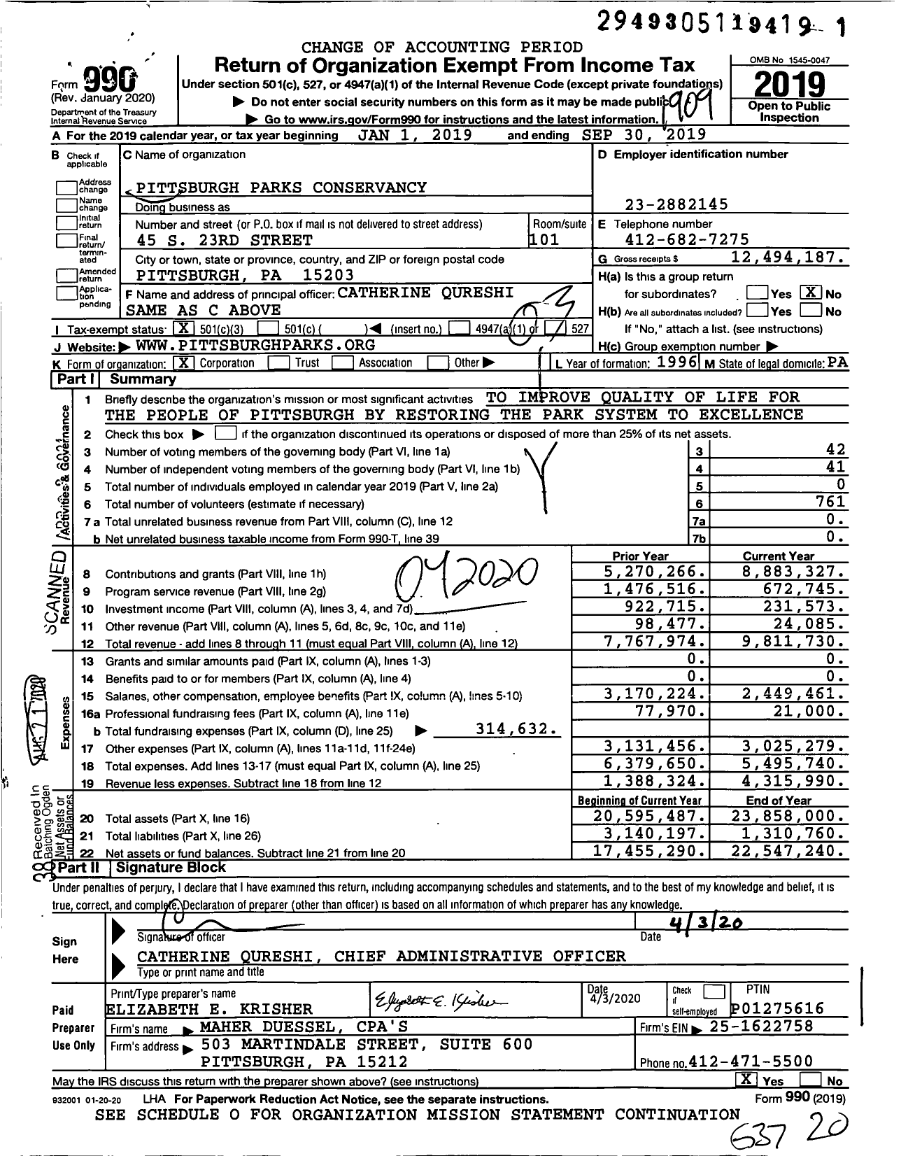 Image of first page of 2018 Form 990 for Pittsburgh Parks Conservancy