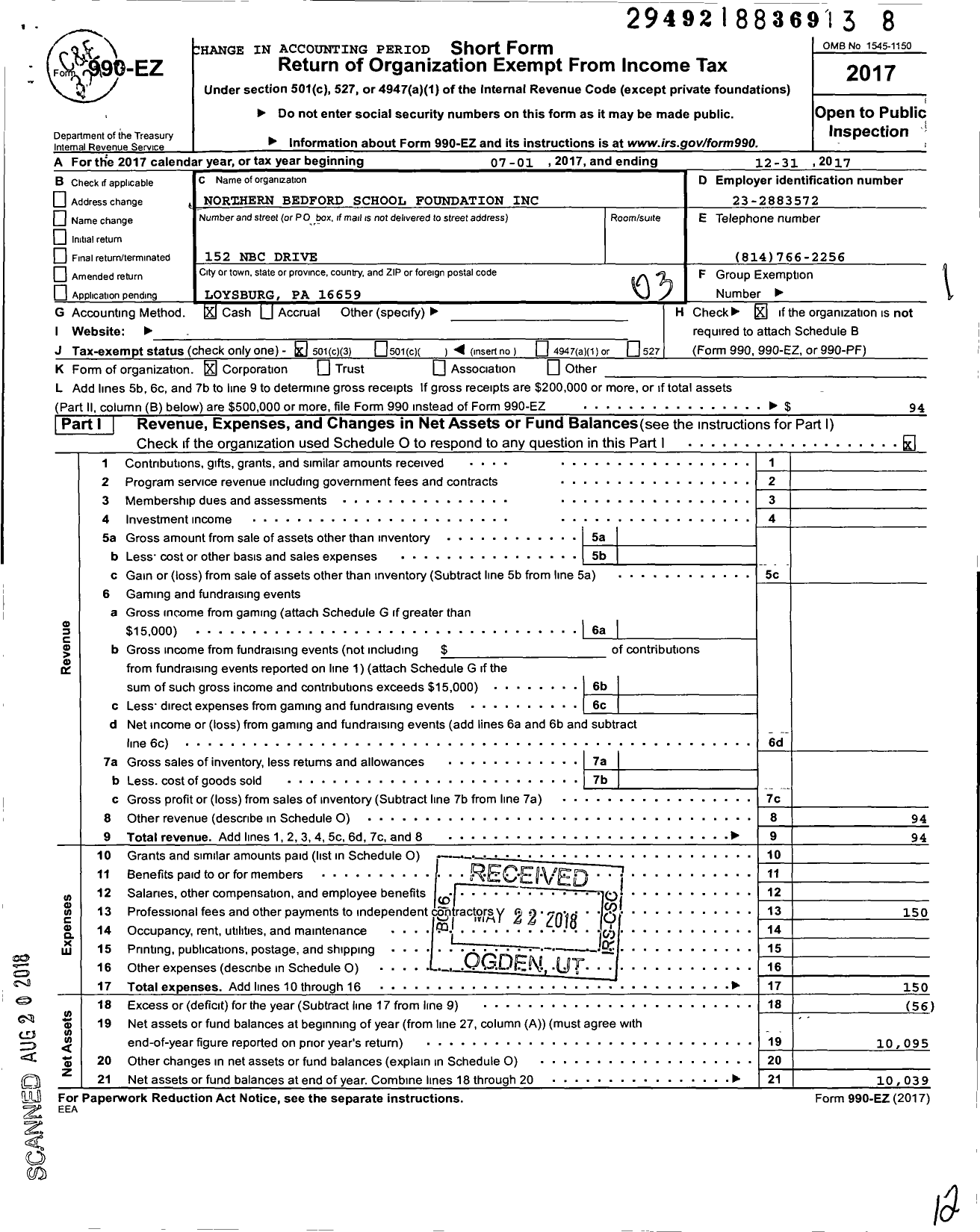 Image of first page of 2017 Form 990EZ for Northern Bedford School Foundation