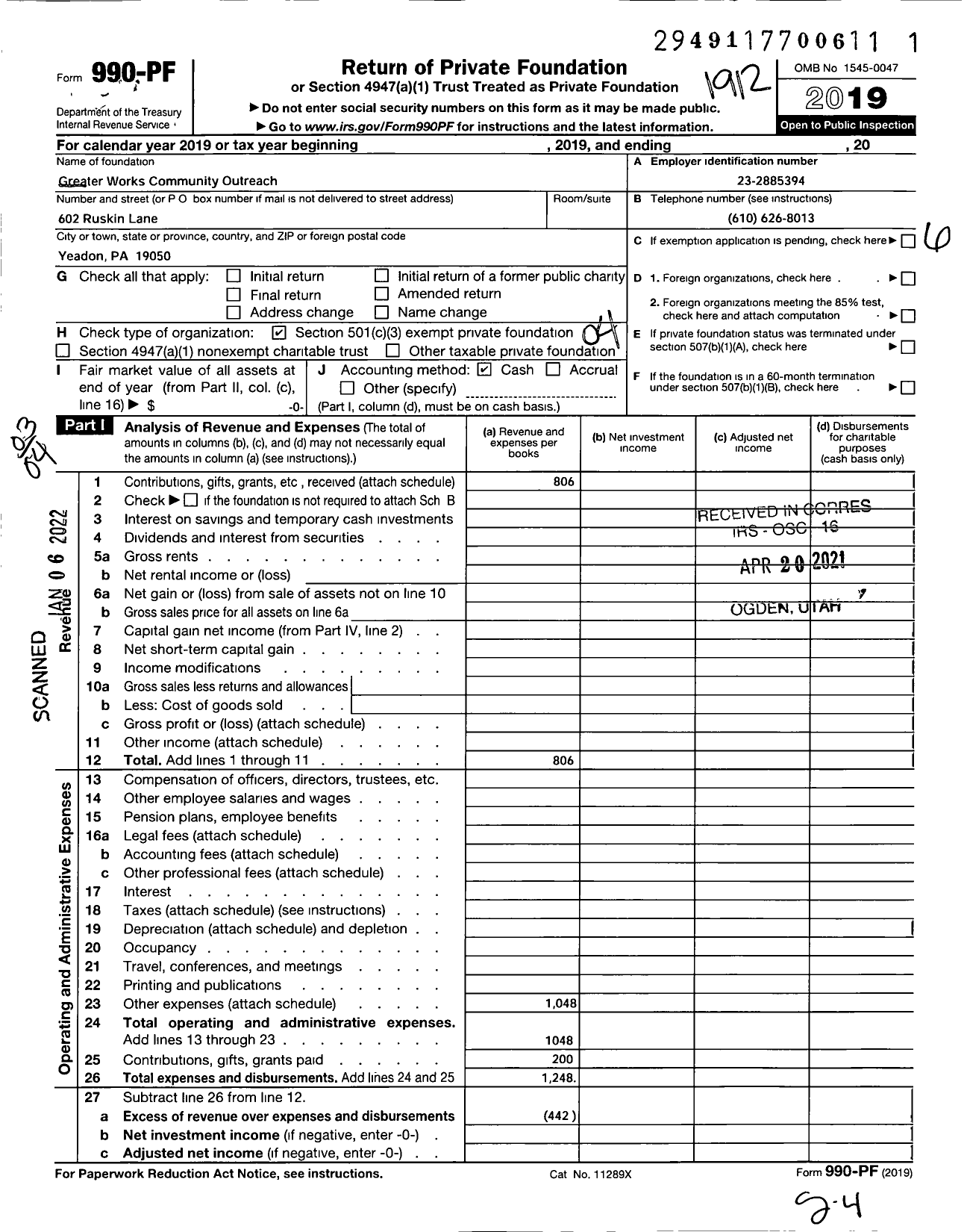 Image of first page of 2019 Form 990PF for Greater Works Community Outreach