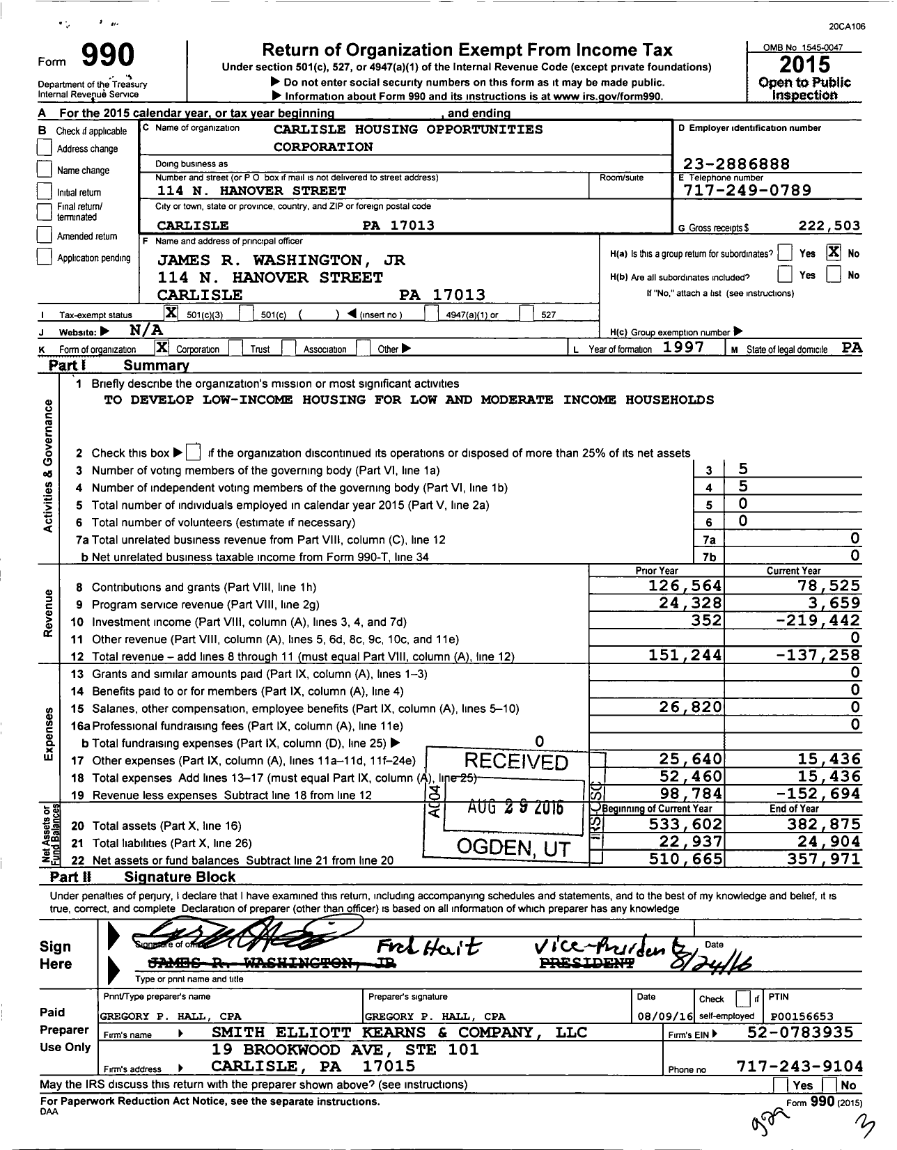 Image of first page of 2015 Form 990 for Carlisle Housing Opportunities Corporation