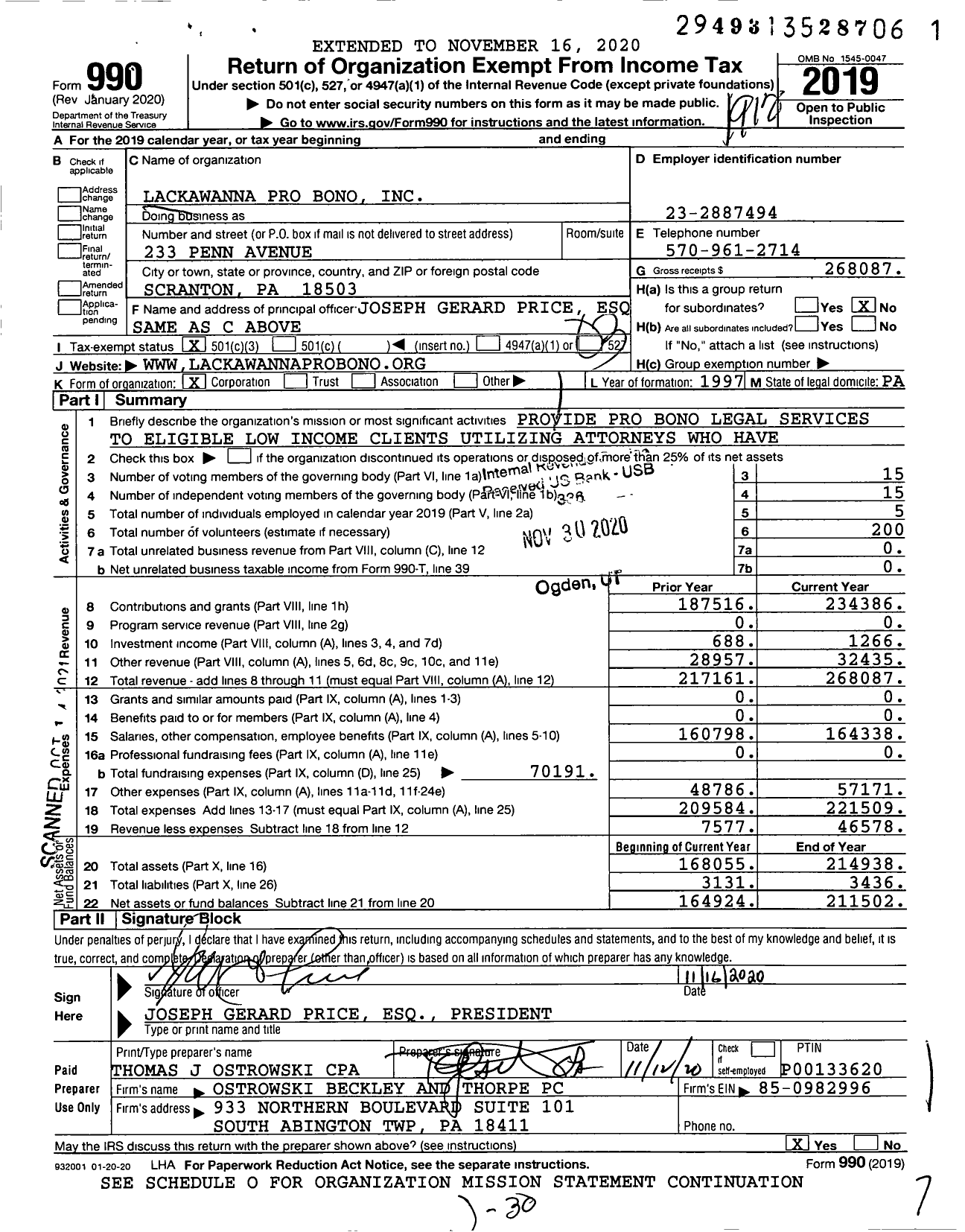 Image of first page of 2019 Form 990 for Lackawanna Pro Bono