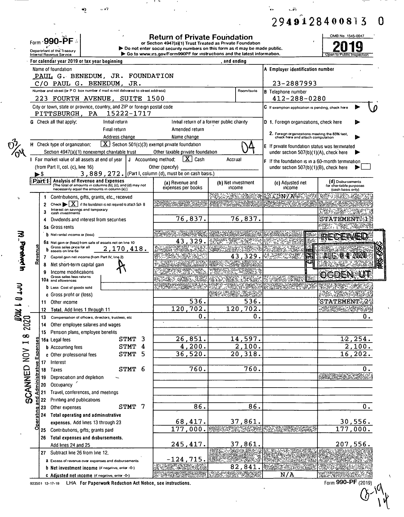 Image of first page of 2019 Form 990PF for Paul G Benedum JR Foundation