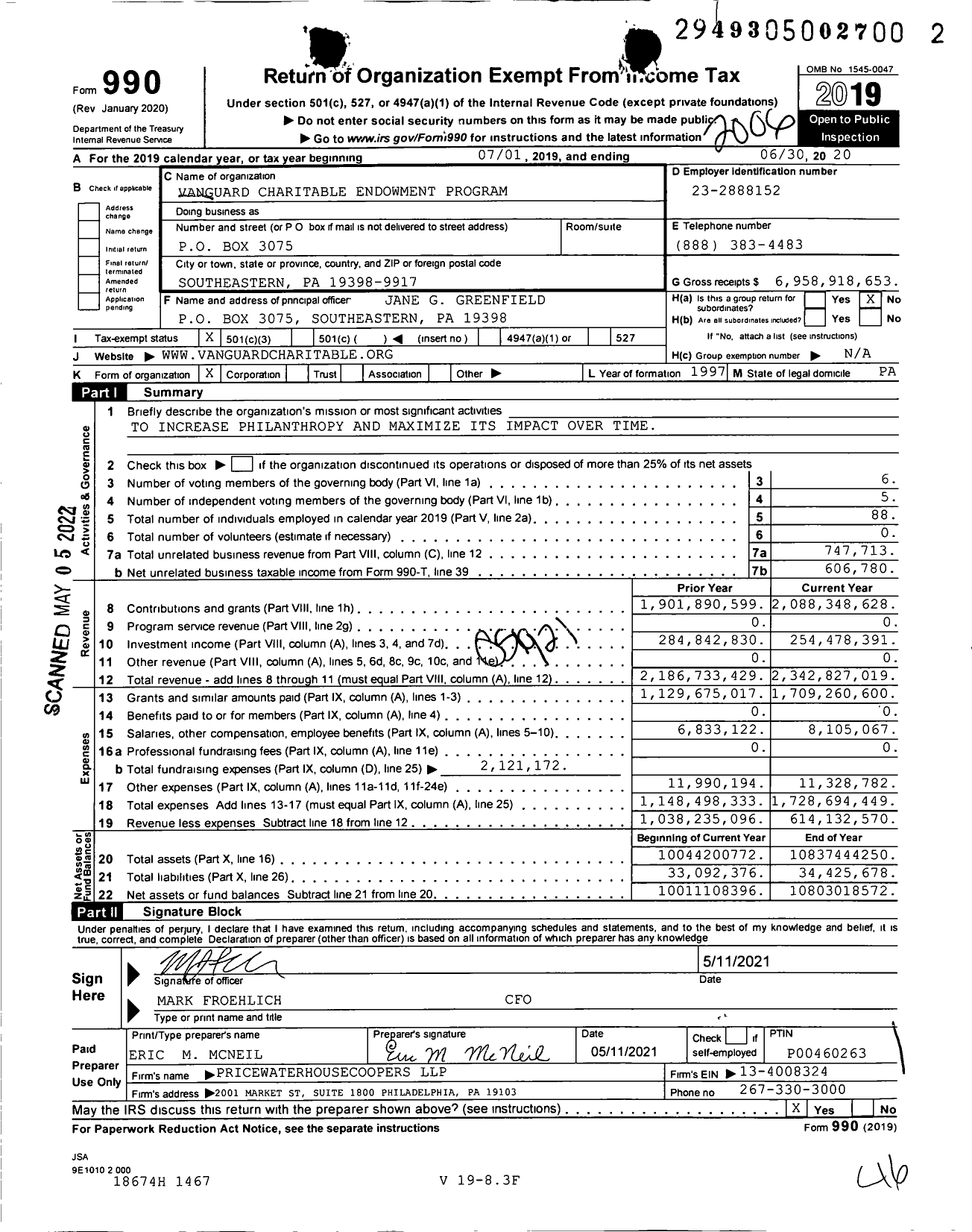 Image of first page of 2019 Form 990 for Vanguard Charitable Endowment Program