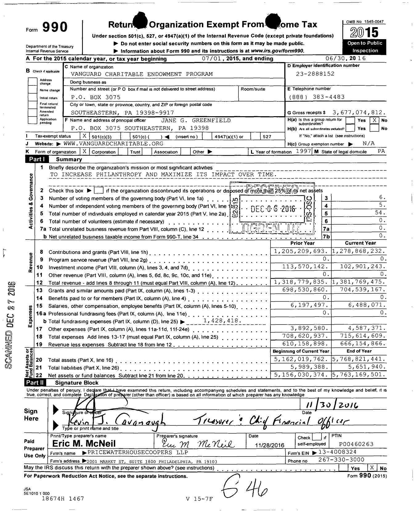 Image of first page of 2015 Form 990 for Vanguard Charitable Endowment Program