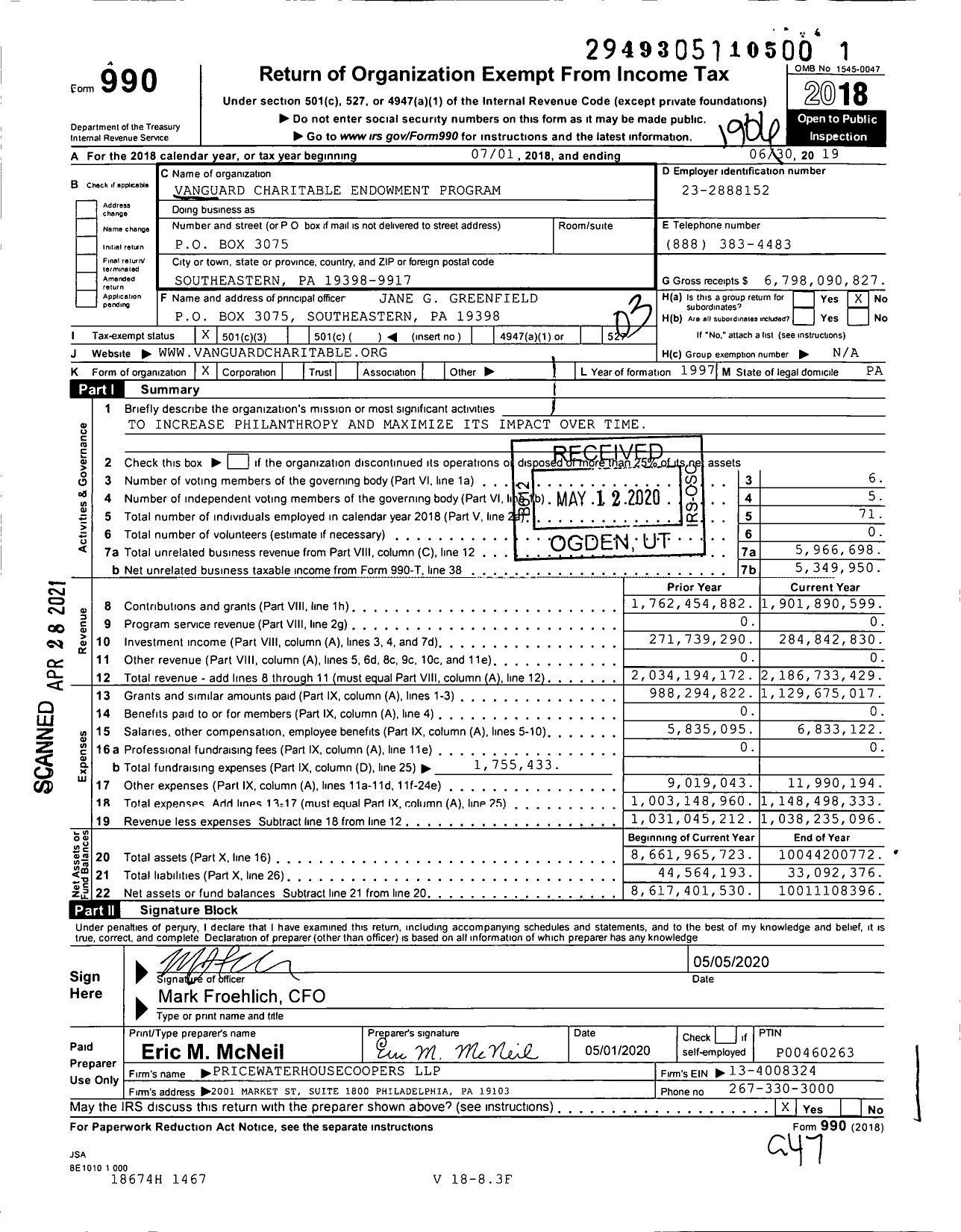 Image of first page of 2018 Form 990 for Vanguard Charitable Endowment Program