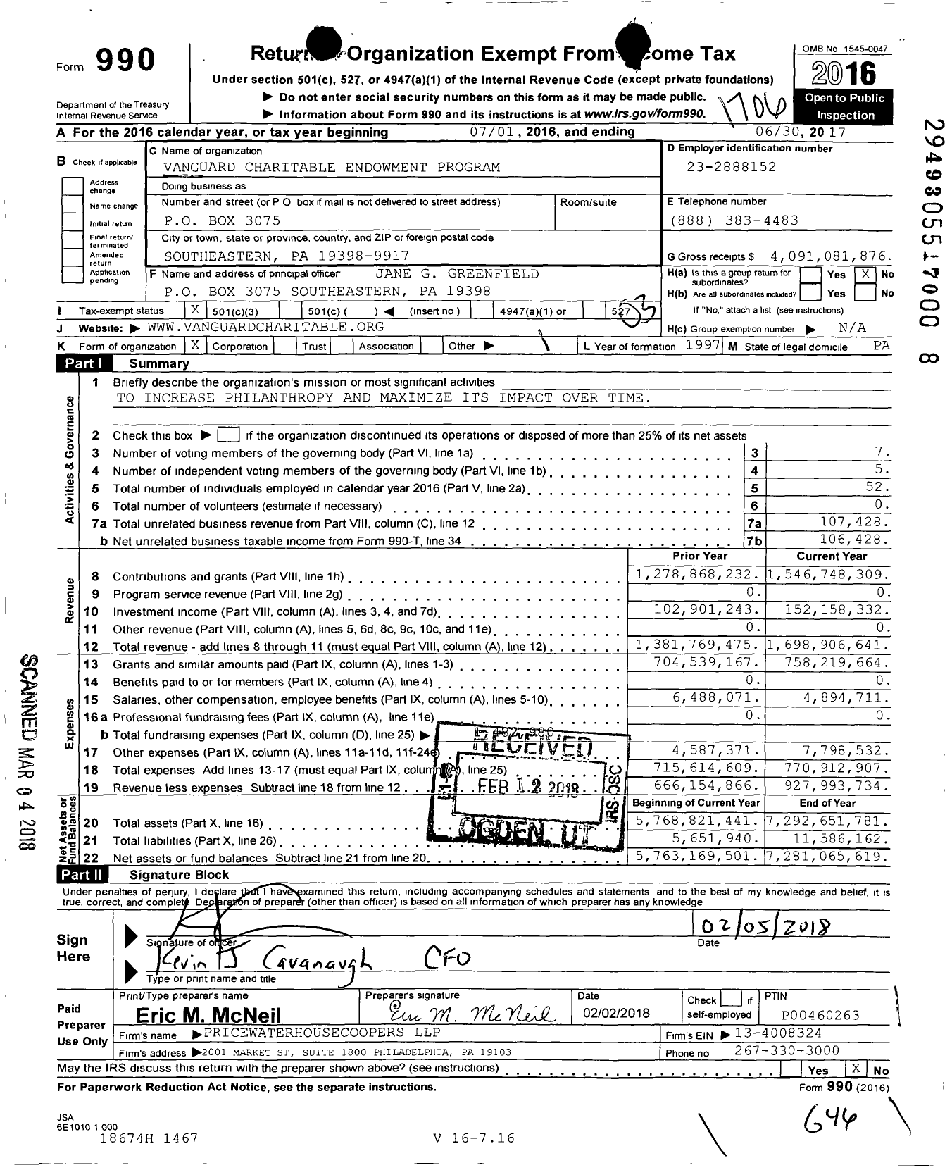 Image of first page of 2016 Form 990 for Vanguard Charitable Endowment Program