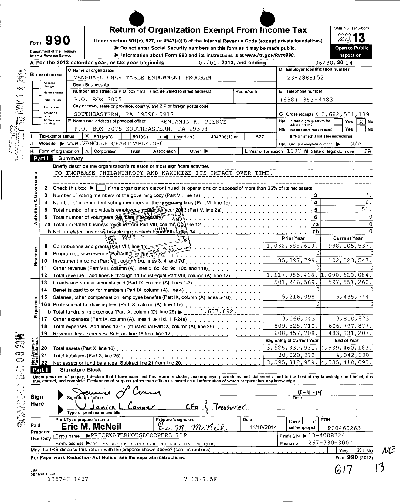 Image of first page of 2013 Form 990 for Vanguard Charitable Endowment Program