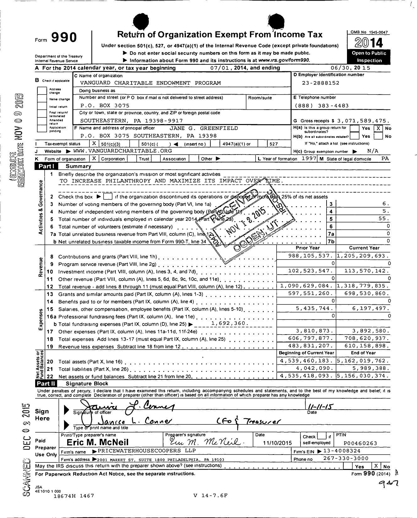 Image of first page of 2014 Form 990 for Vanguard Charitable Endowment Program