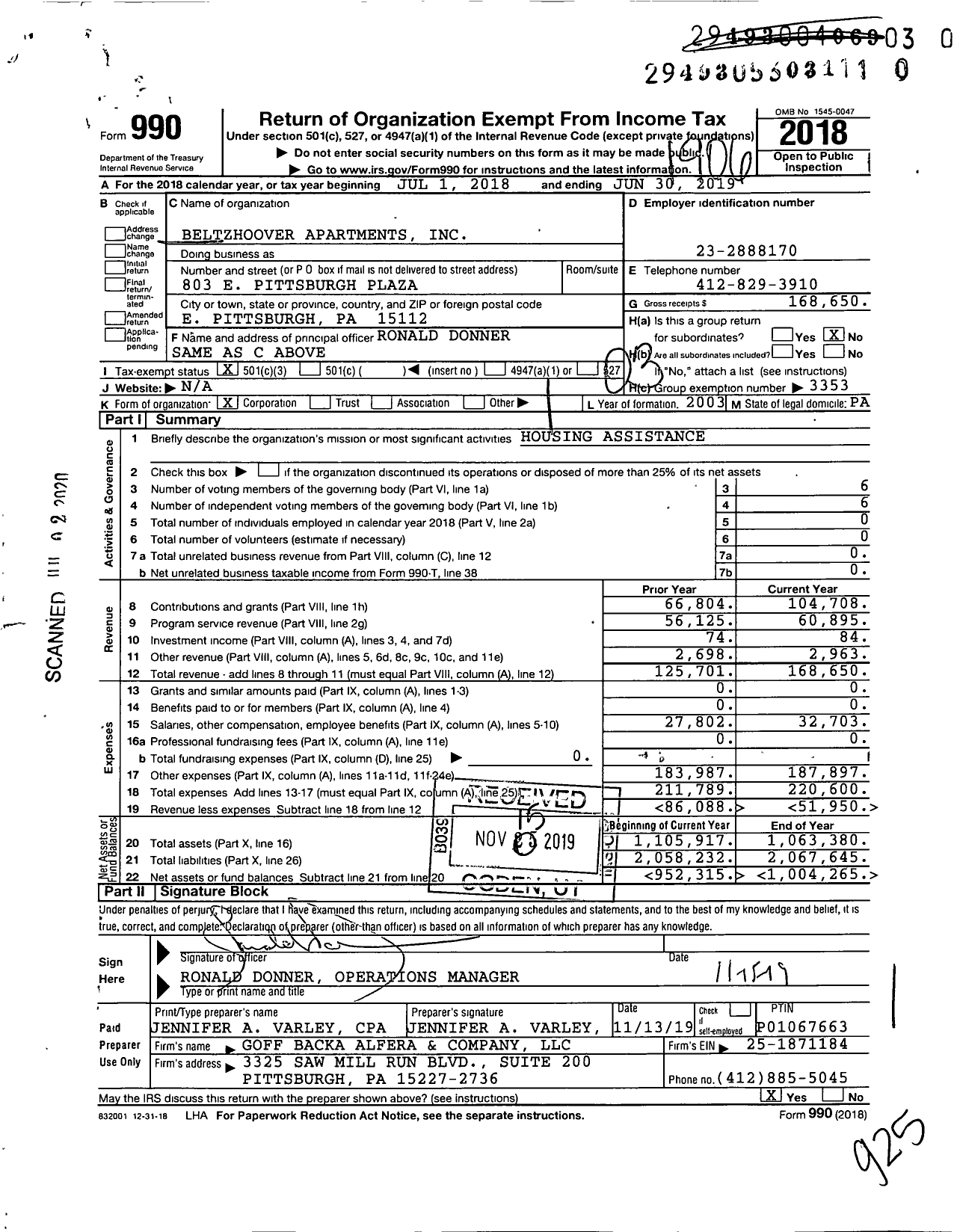 Image of first page of 2018 Form 990 for Beltzhoover Apartments