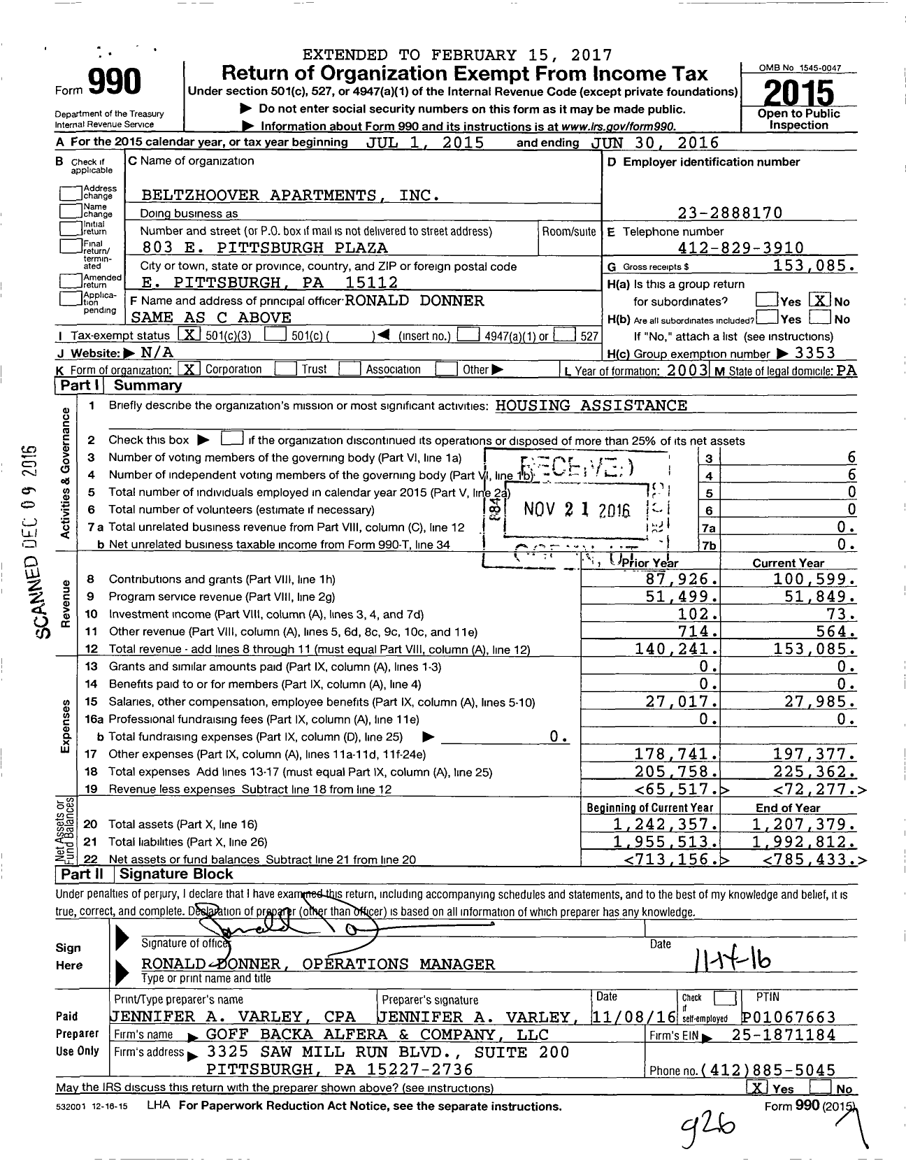 Image of first page of 2015 Form 990 for Beltzhoover Apartments