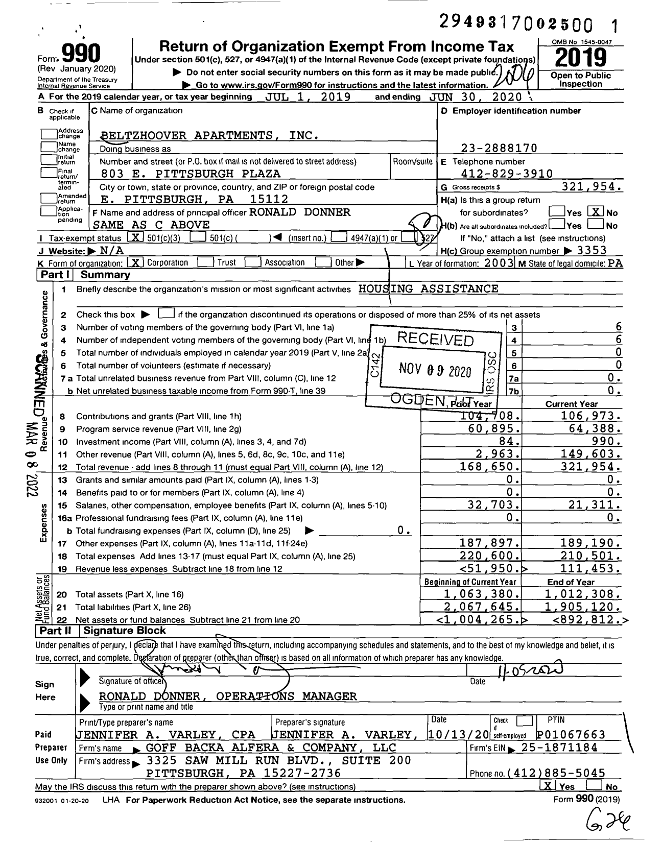 Image of first page of 2019 Form 990 for Beltzhoover Apartments