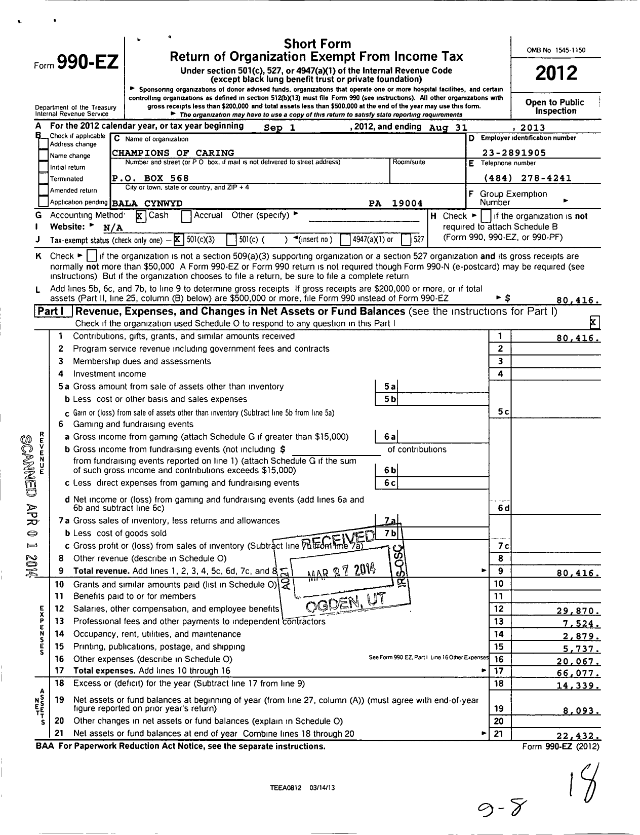 Image of first page of 2012 Form 990EZ for Champions of Caring