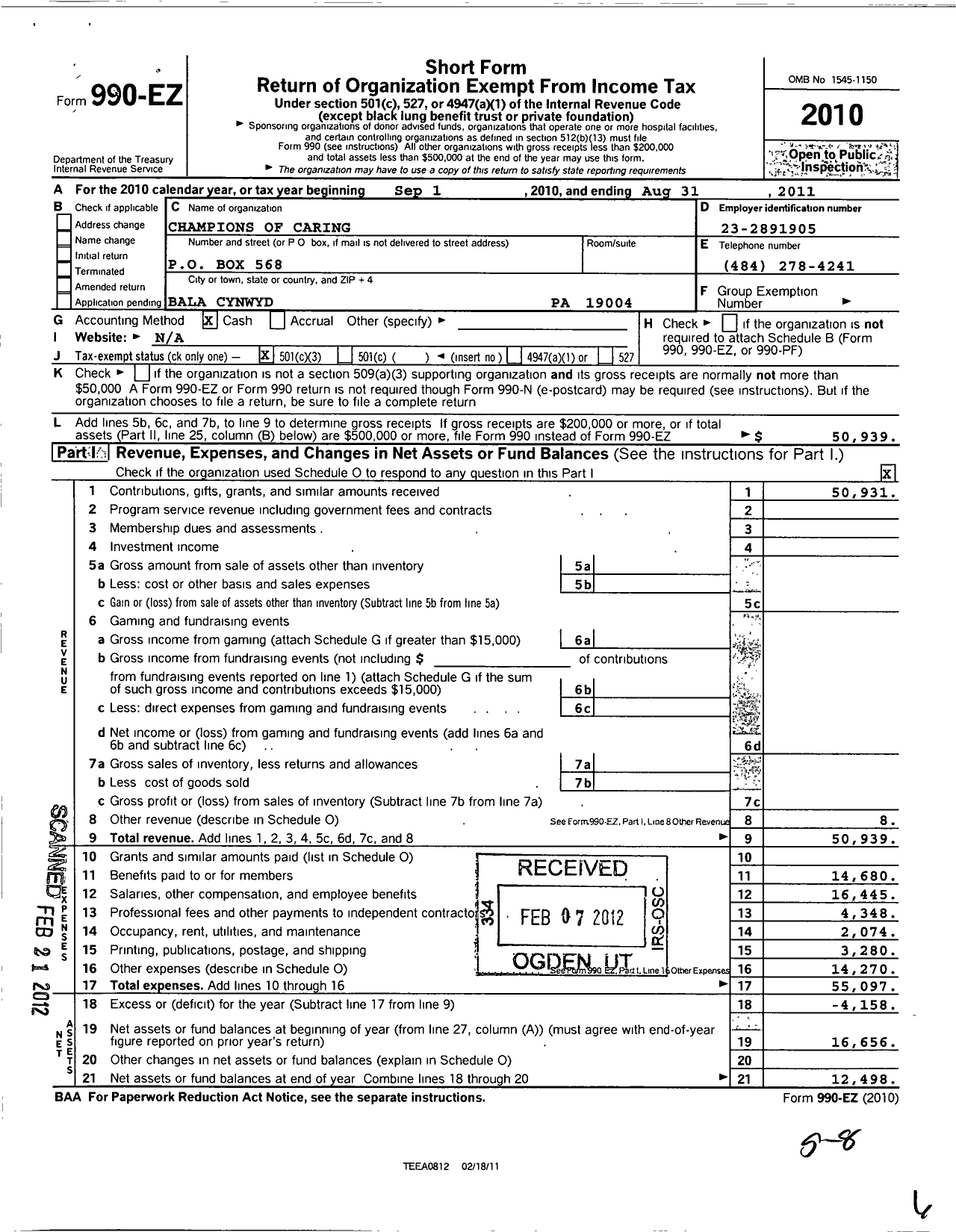 Image of first page of 2010 Form 990EZ for Champions of Caring