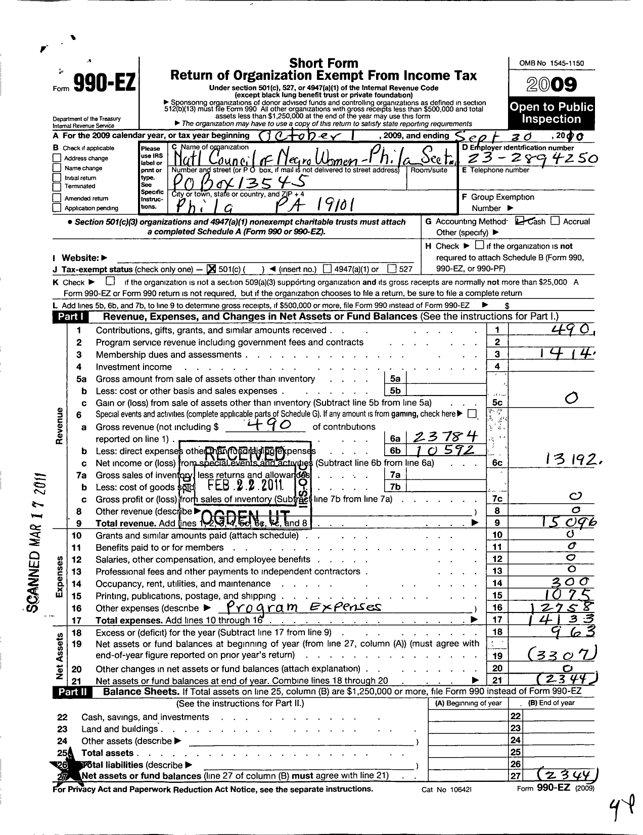 Image of first page of 2009 Form 990EO for National Council of Negro Women / Pa002 Philadelphia Section